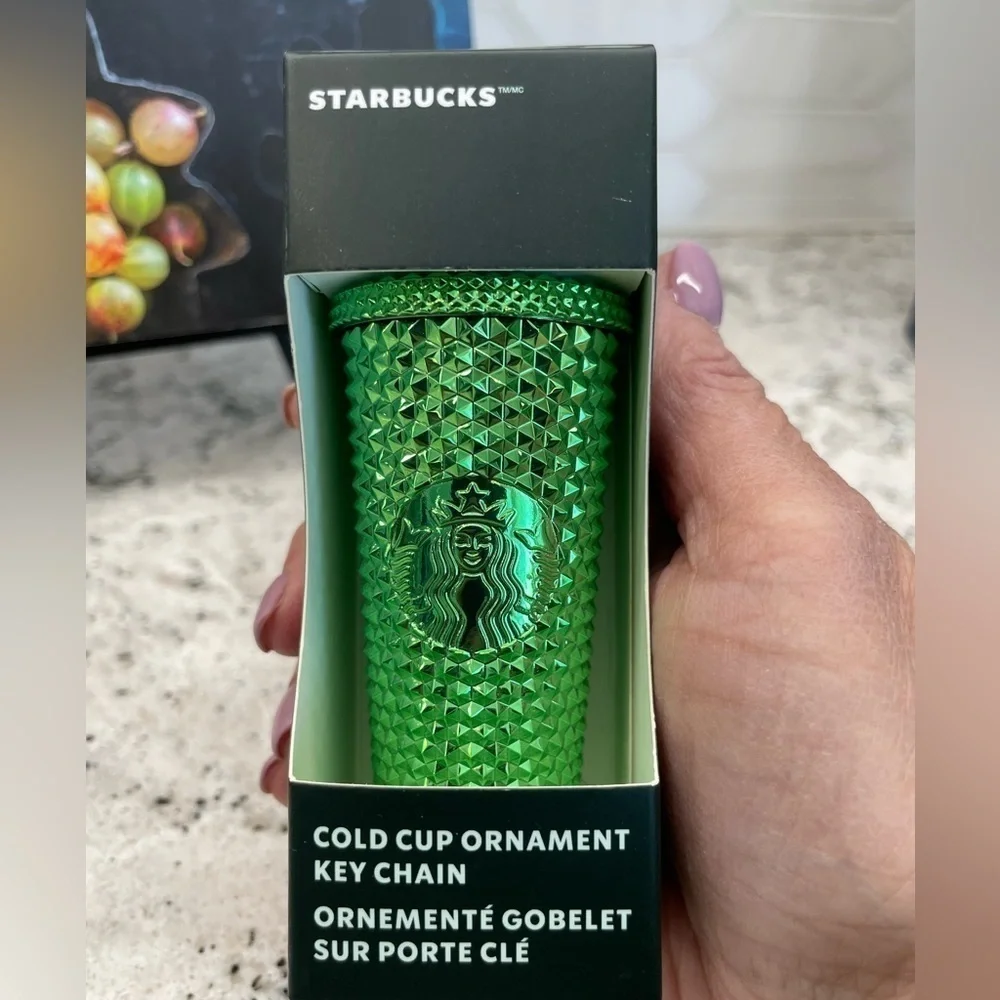 Starbucks 2023 Metallic Mirror Green Studded Bling Mini Keychain Ornament. NWT.